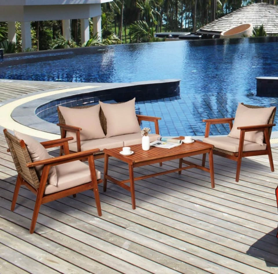 New Patio Furniture Set – 4 Piece Acacia Wood & Rattan - photo 2