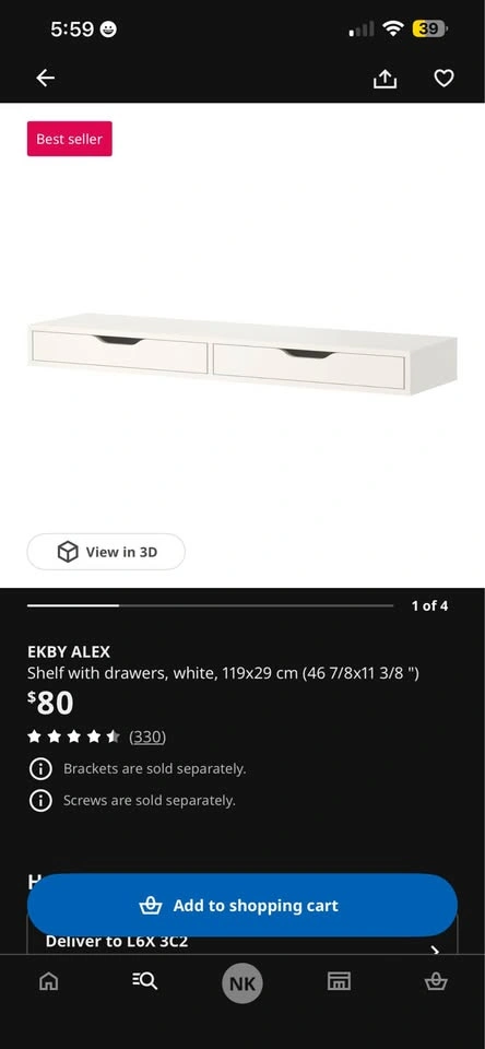 IKEA EKBY ALEX Wall Shelf / Vanity with Drawers + Brackets - photo 4