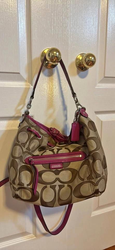 Vintage Coach Signature Hobo Bag with Magenta Trim