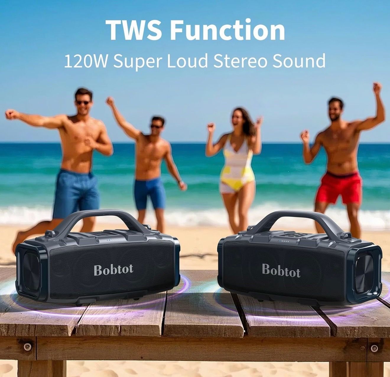 Bobtot Portable Bluetooth Speaker, 60W Peak, IPX6 Waterproof - photo 3