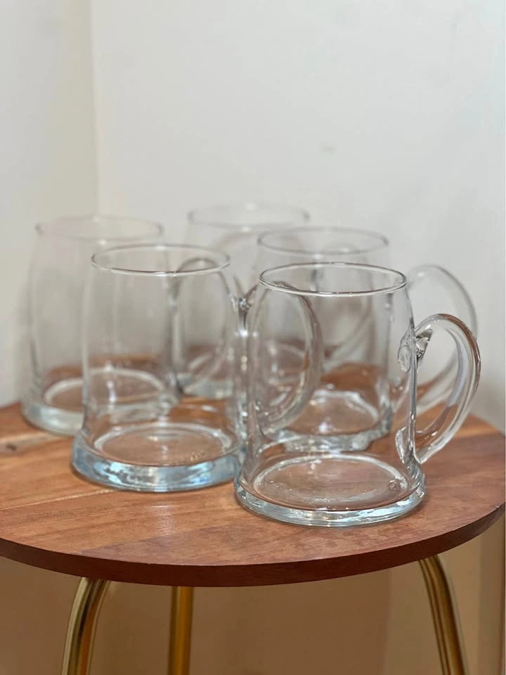 Set of 5 Crate & Barrel Glass Beer Mugs – Hand-Applied Handles