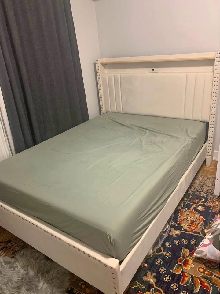 Queen Upholstered Bed Frame with Built-in Charging Station