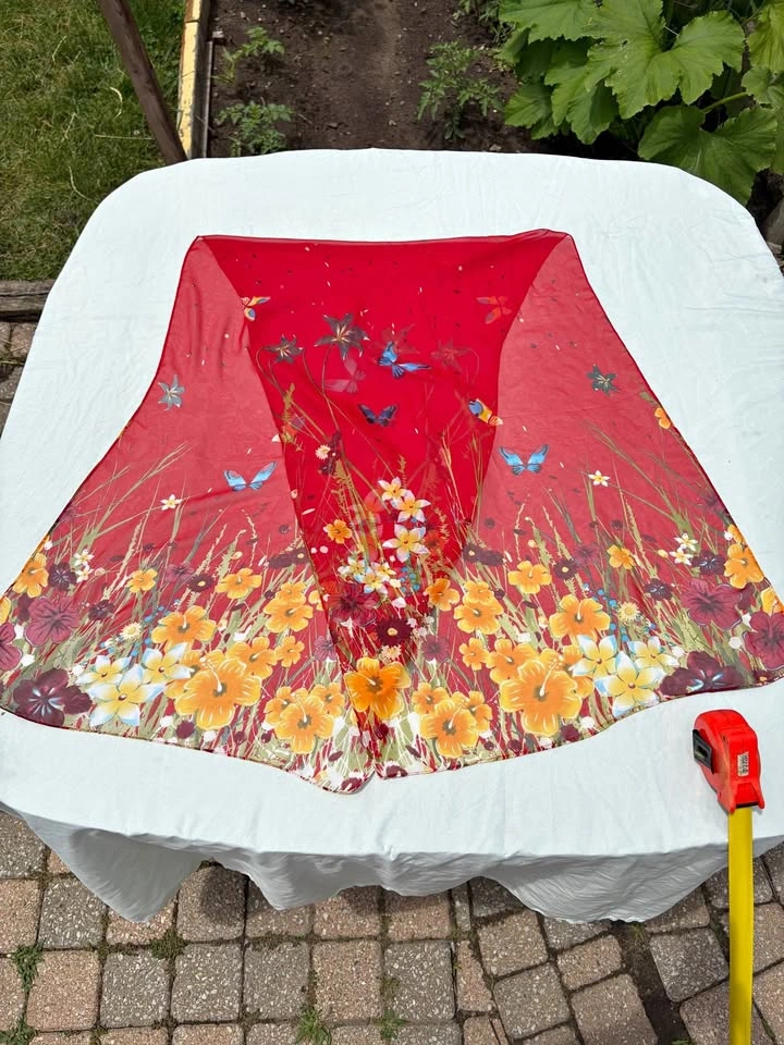Red Floral and Butterfly Print Sheer Scarf