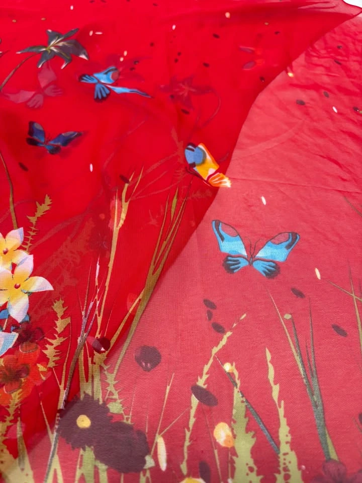 Red Floral and Butterfly Print Sheer Scarf - photo 4