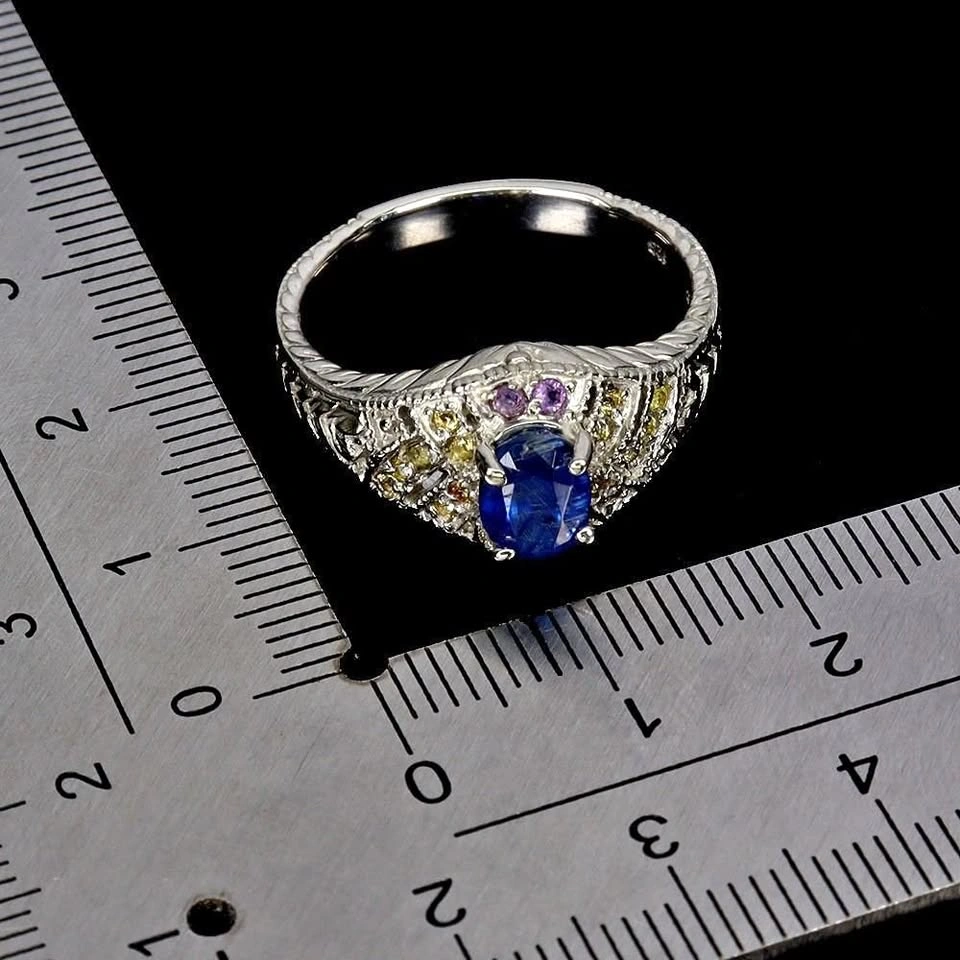 Kyanite, Amethyst and Sapphire Ring 14K Gold Plated 925 Silver