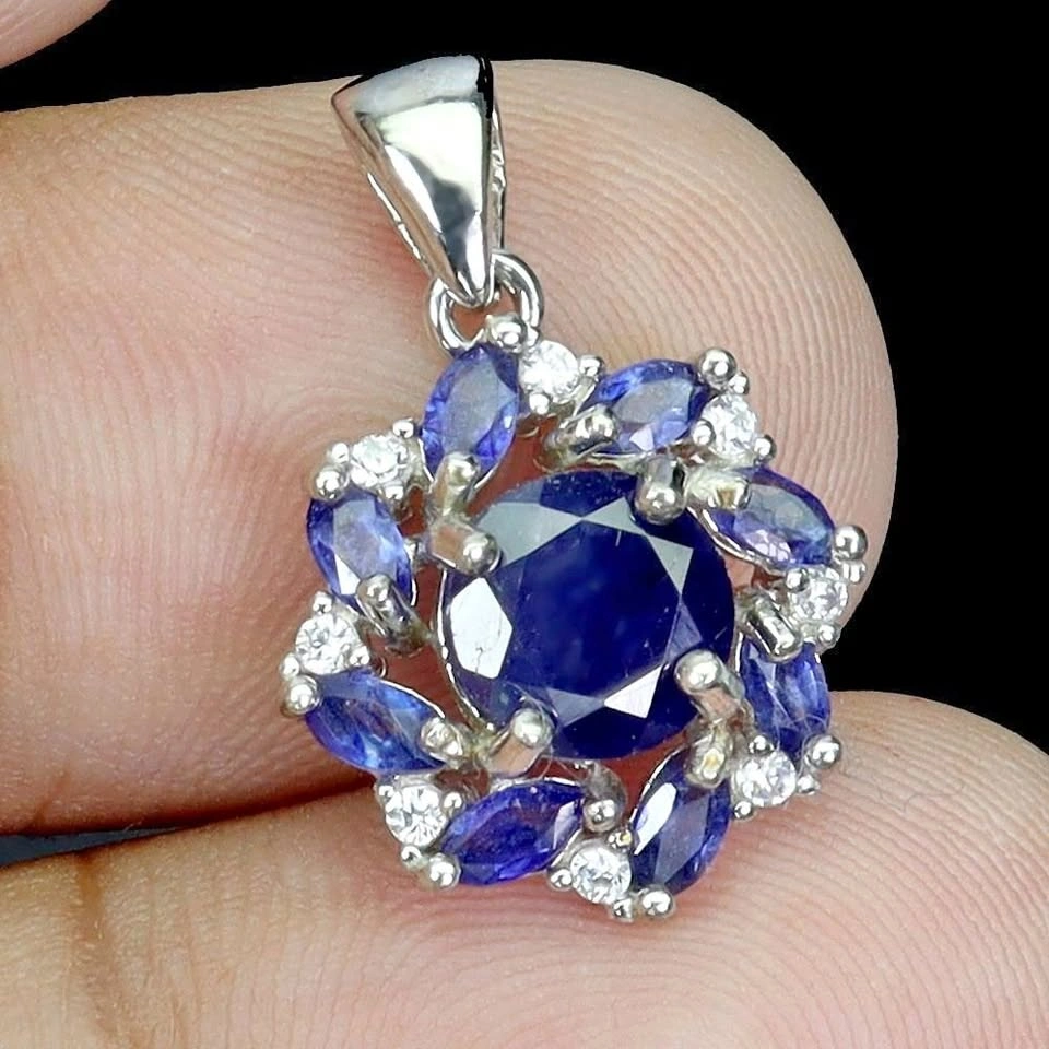 Blue Sapphire Pendant 14K White Plated Gold over 925 Sterling Si