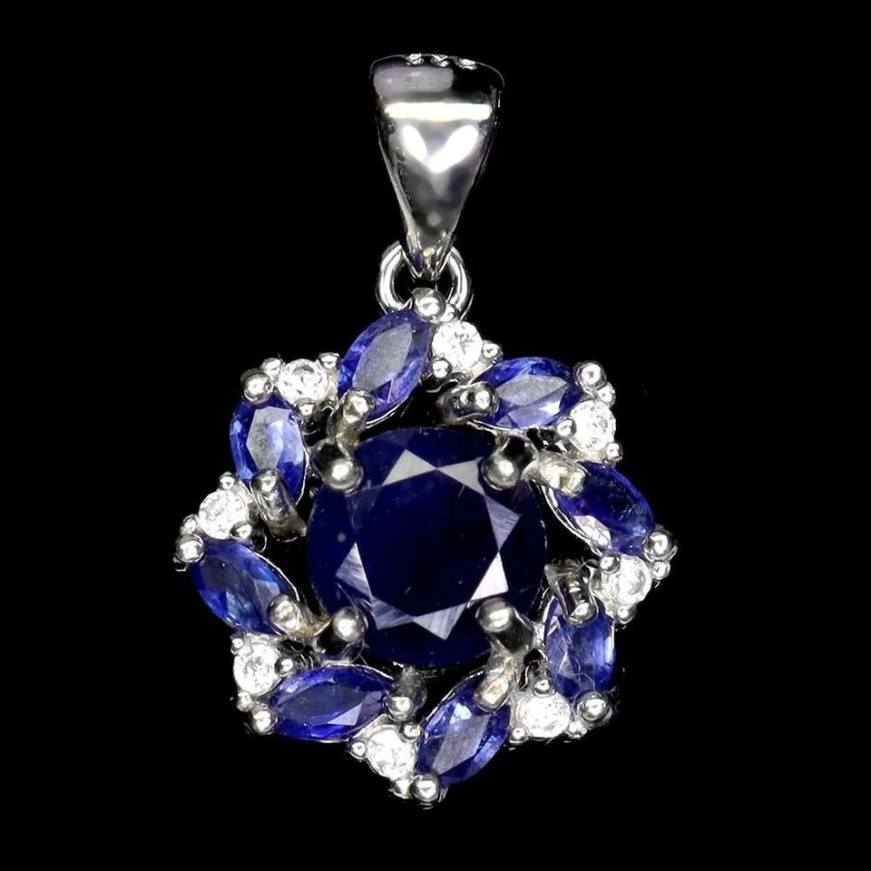 Blue Sapphire Pendant 14K White Plated Gold over 925 Sterling Si - photo 2