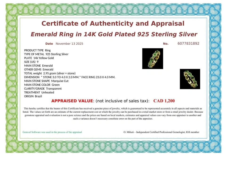 Marquise Cut Emerald Ring 14K Yellow Plated Gold over 925 Sterli - photo 4