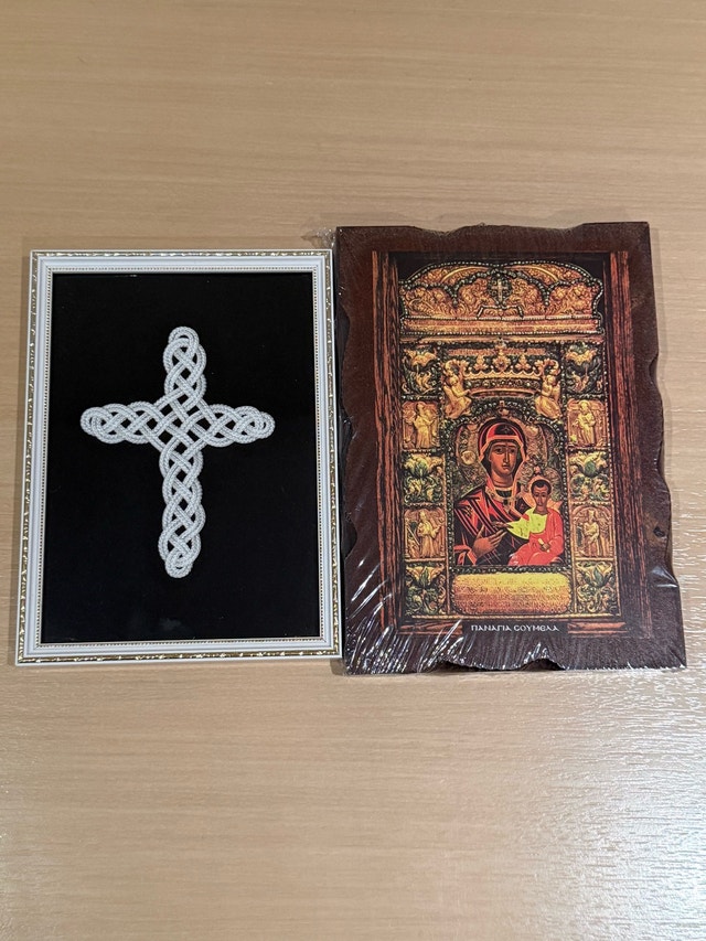 Framed Woven Cross and Panagia Soumela Icon Set