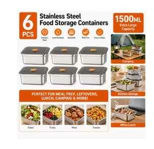 6 Pack Large Capacity 1500ml Airtight Stainless Steel Containers - photo 2