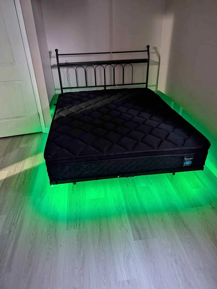 Moving Sale: LED Floating Queen Bed, Mattress, Standing Desk