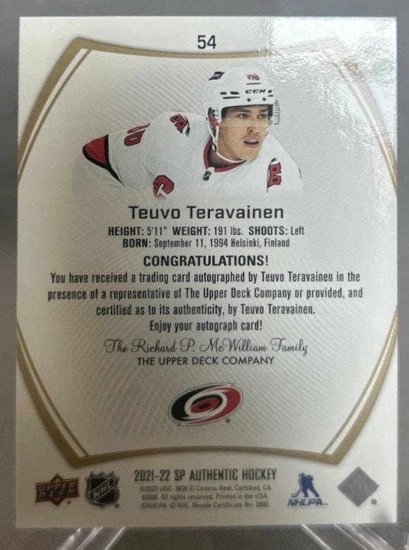 TEUVO TERAVAINEN #54 - LIMITED GOLD AUTO - 21-22 SP Authentic - photo 3