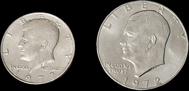 1972 American Half Dollar, and One Dollar Coins
