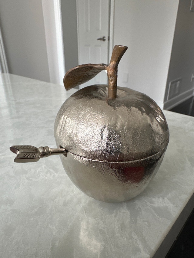 Silver Plated VTG Apple Honey Jar Enamel Interior With Spoon - photo 2