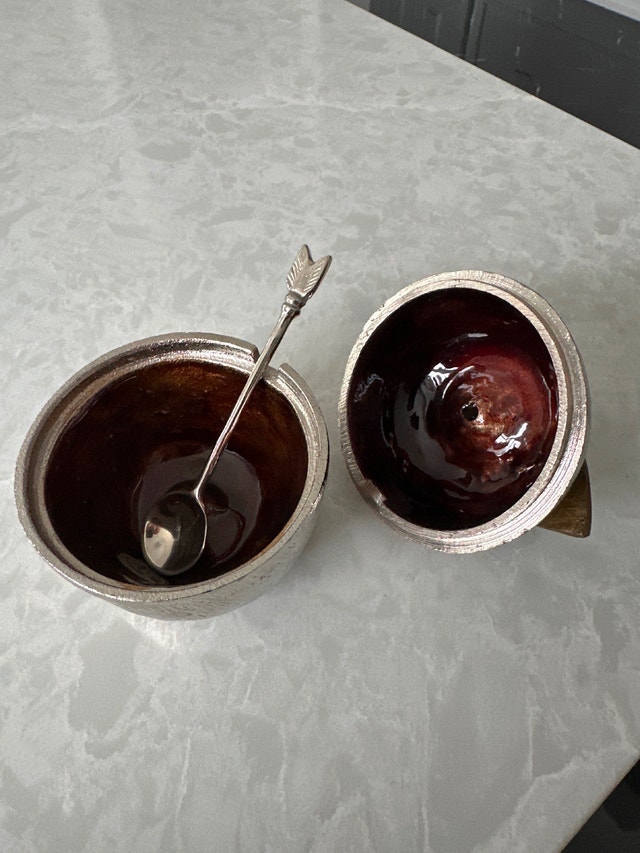 Silver Plated VTG Apple Honey Jar Enamel Interior With Spoon - photo 5