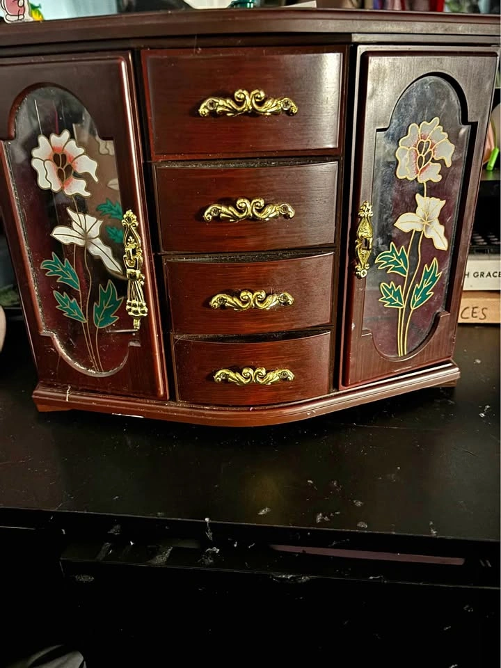 Vintage Wooden Jewelry Box with Floral Glass Doors