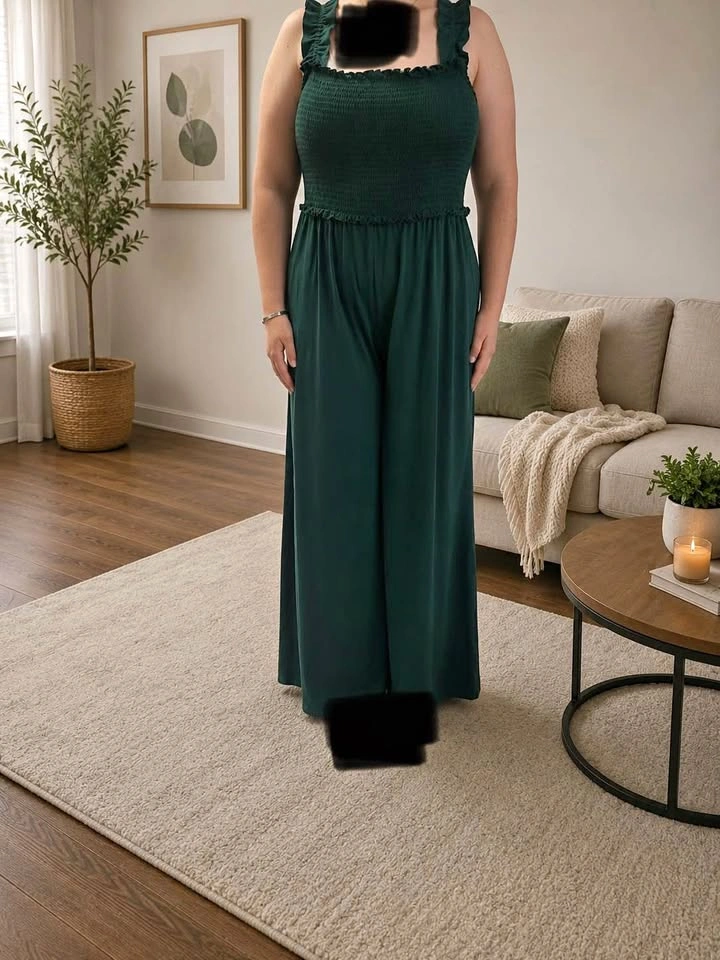 Dark Green Smocked Ruffle Strap Wide Leg Jumpsuit