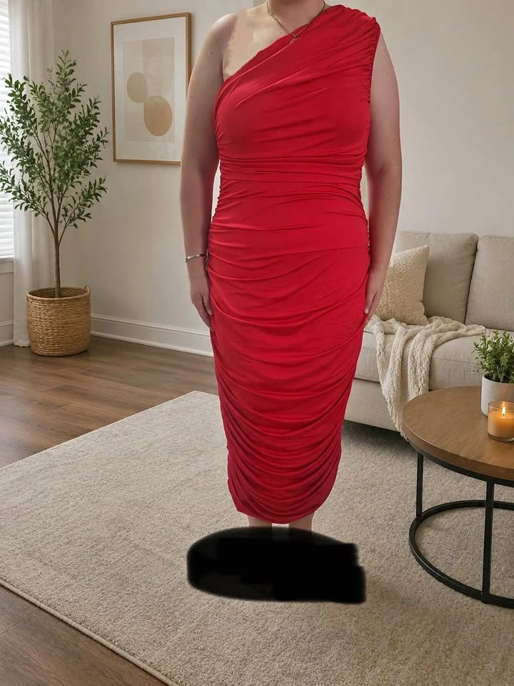 Red one-shoulder ruched midi dress