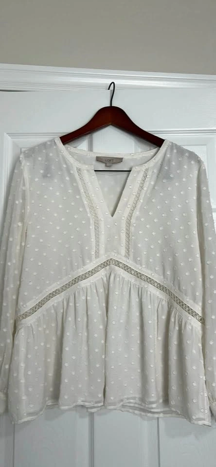 LOFT M white swiss dot lace trim blouse