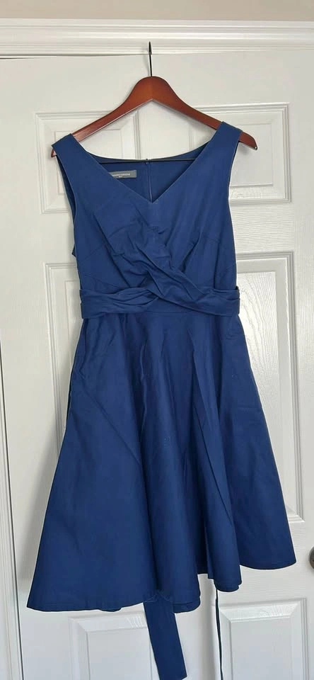 Sandro Ferrone Navy Blue Sleeveless V-Neck Tie Waist A-Line Dres