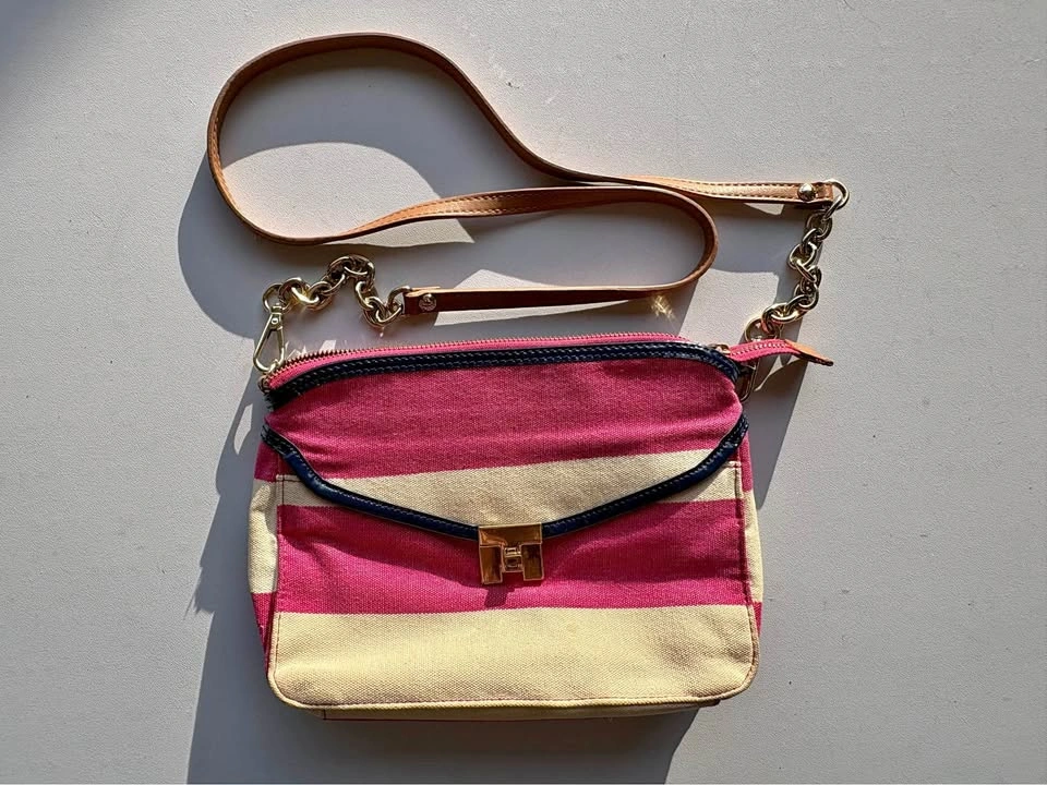 Tommy Hilfiger Pink Cream Striped Crossbody Bag