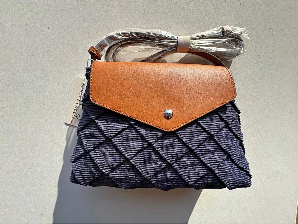 Blue Corduroy and Brown Leather Purse - Brand New