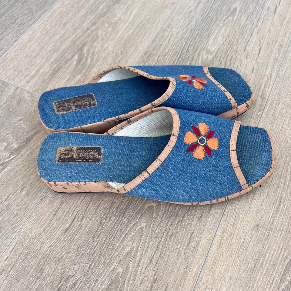 Size 9.5 Made in Italy Floral Denim Boho Sandals