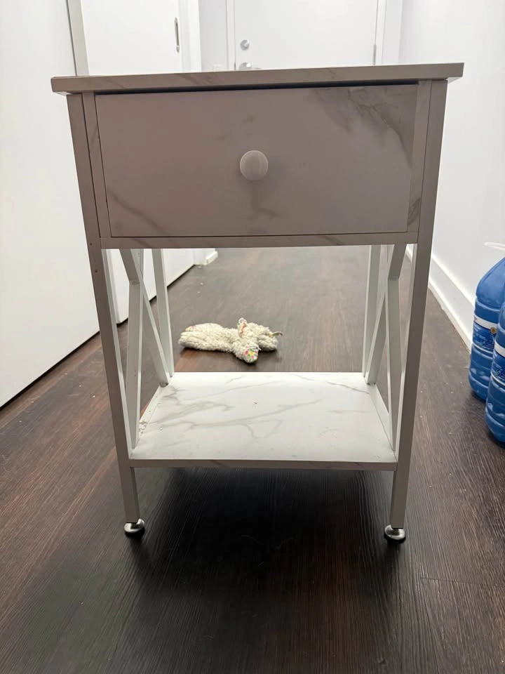2 x Marble-like white and grey bedside night tables