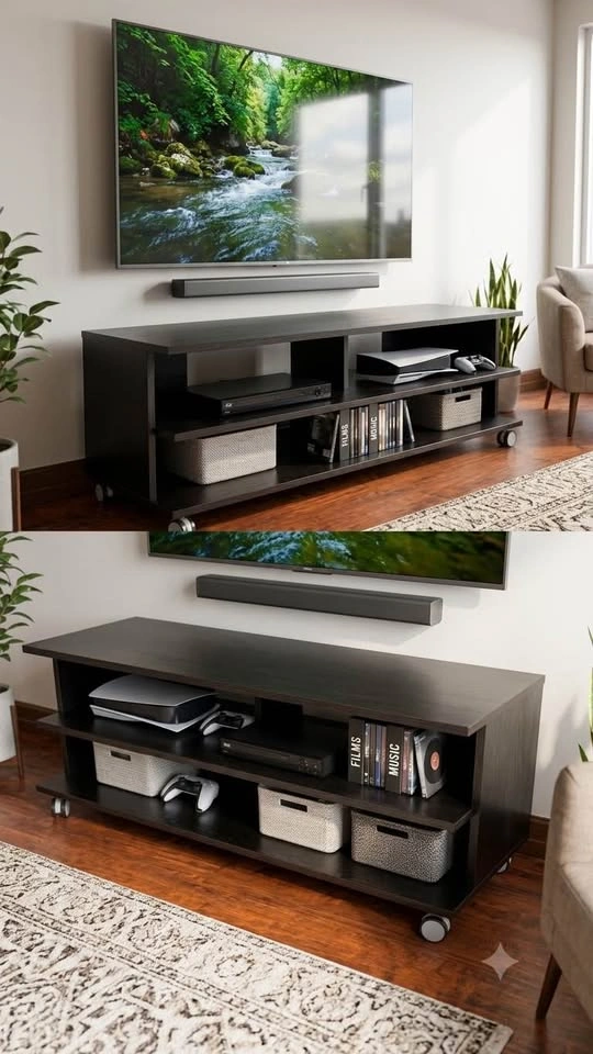 Black TV Stand / Media Console with Locking Wheels - photo 5