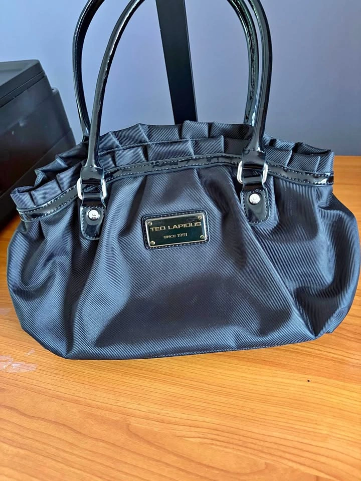 Ted Lapidus black nylon handbag with patent trim and care/storag