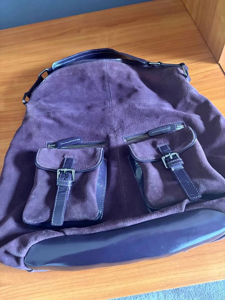 Cole Hahn Purple Suede Hobo bag with patent leather trim.
