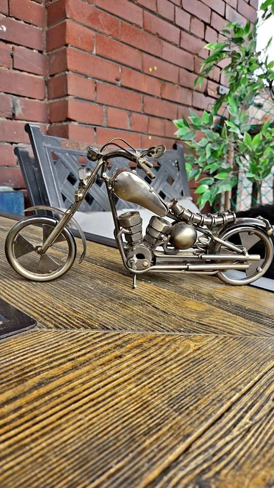 Handcrafted Metal Chopper Motorcycle Sculpture