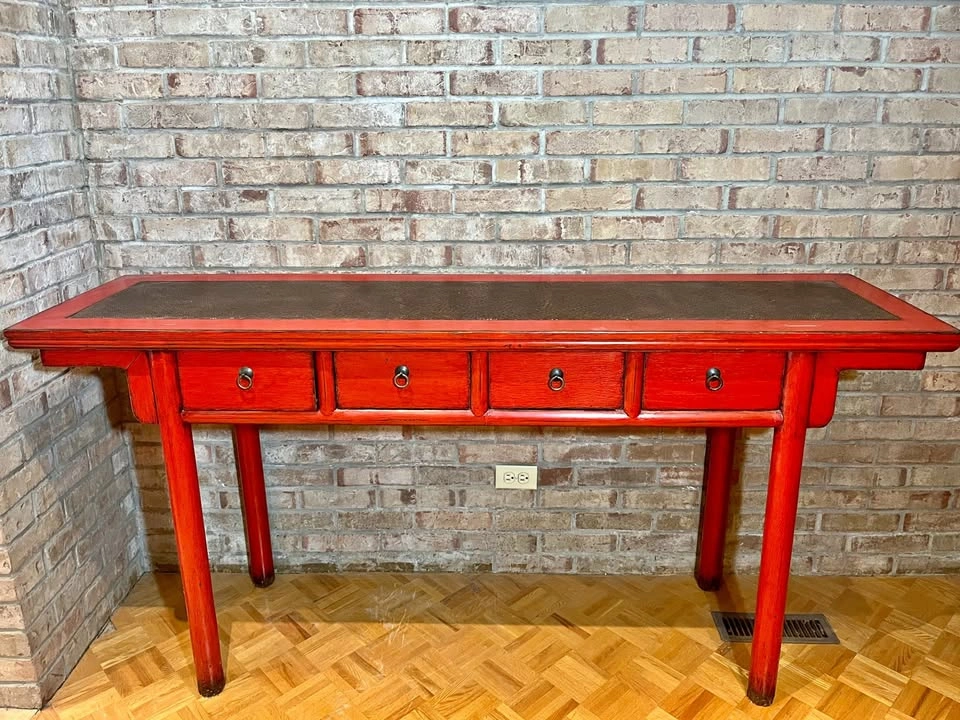 Vintage Chinese Red Lacquer Table With Drawers and Rattan Top