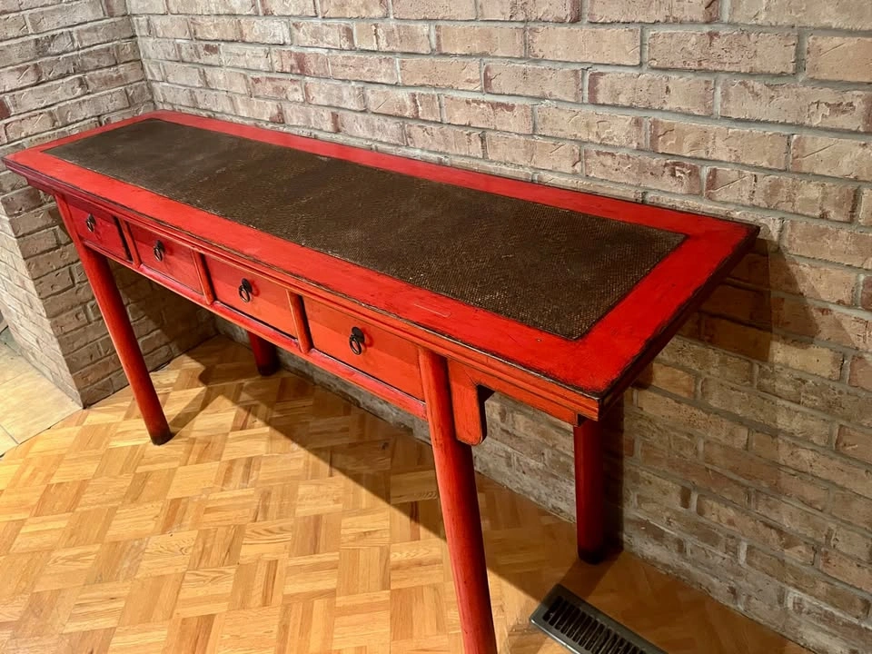 Vintage Chinese Red Lacquer Table With Drawers and Rattan Top - photo 2