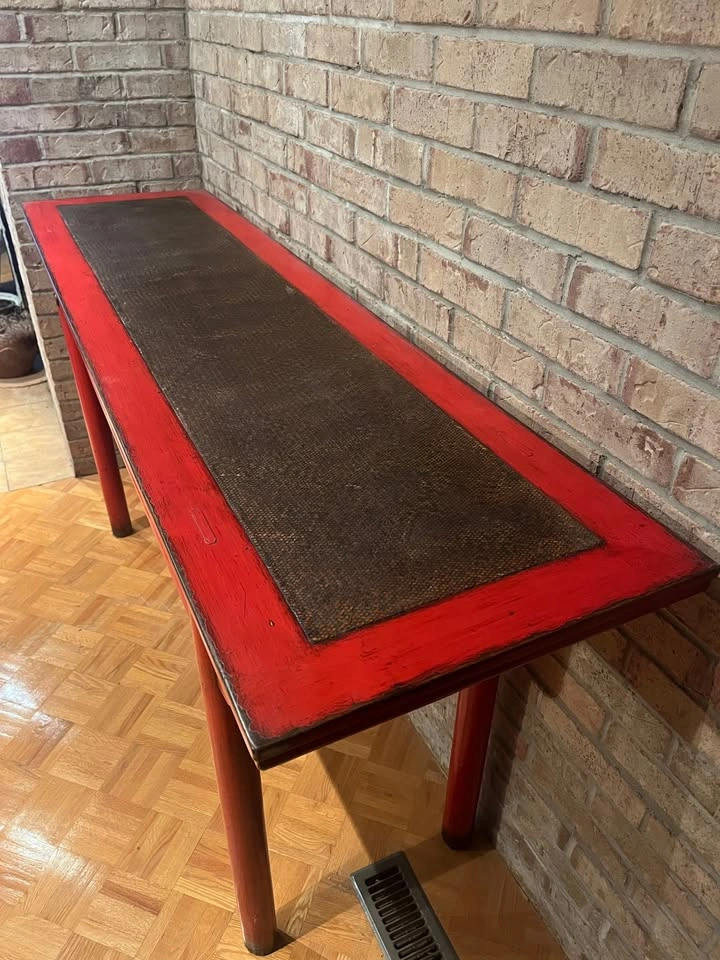 Vintage Chinese Red Lacquer Table With Drawers and Rattan Top - photo 3