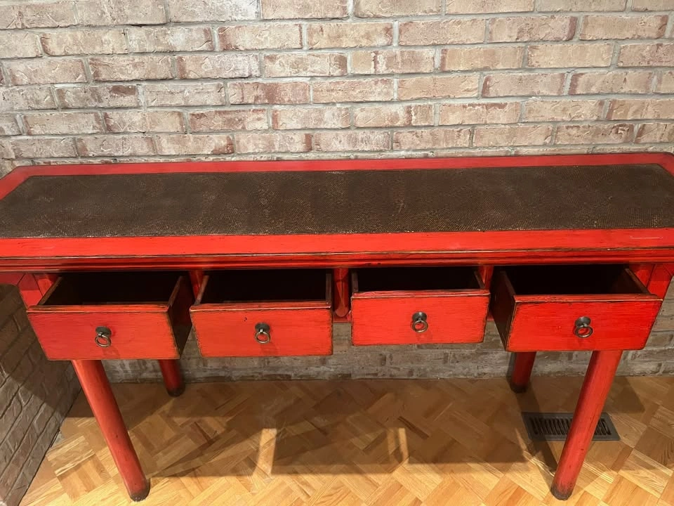 Vintage Chinese Red Lacquer Table With Drawers and Rattan Top - photo 4
