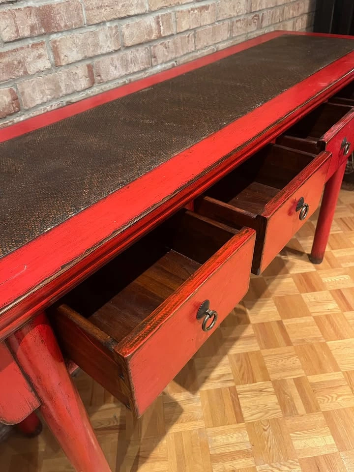 Vintage Chinese Red Lacquer Table With Drawers and Rattan Top - photo 5