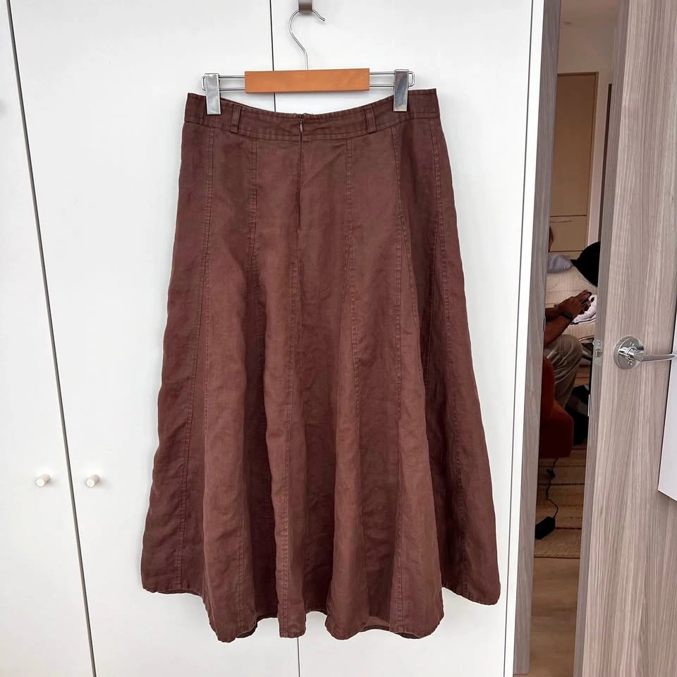 100% Linen Brown Paneled Maxi Skirt
