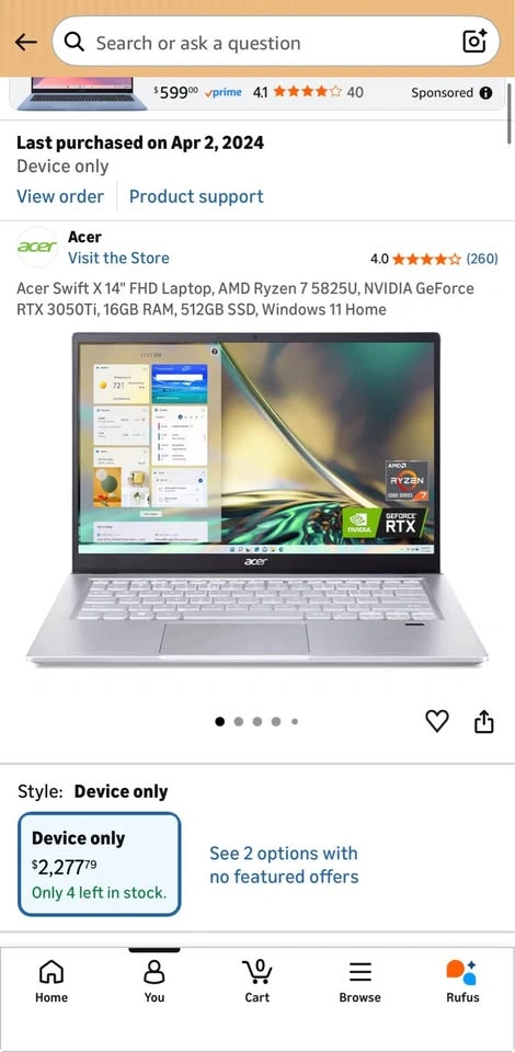 Acer Swift X - 16gb ram, 3050 Ti, 512gb, Ryzen 7 - photo 2