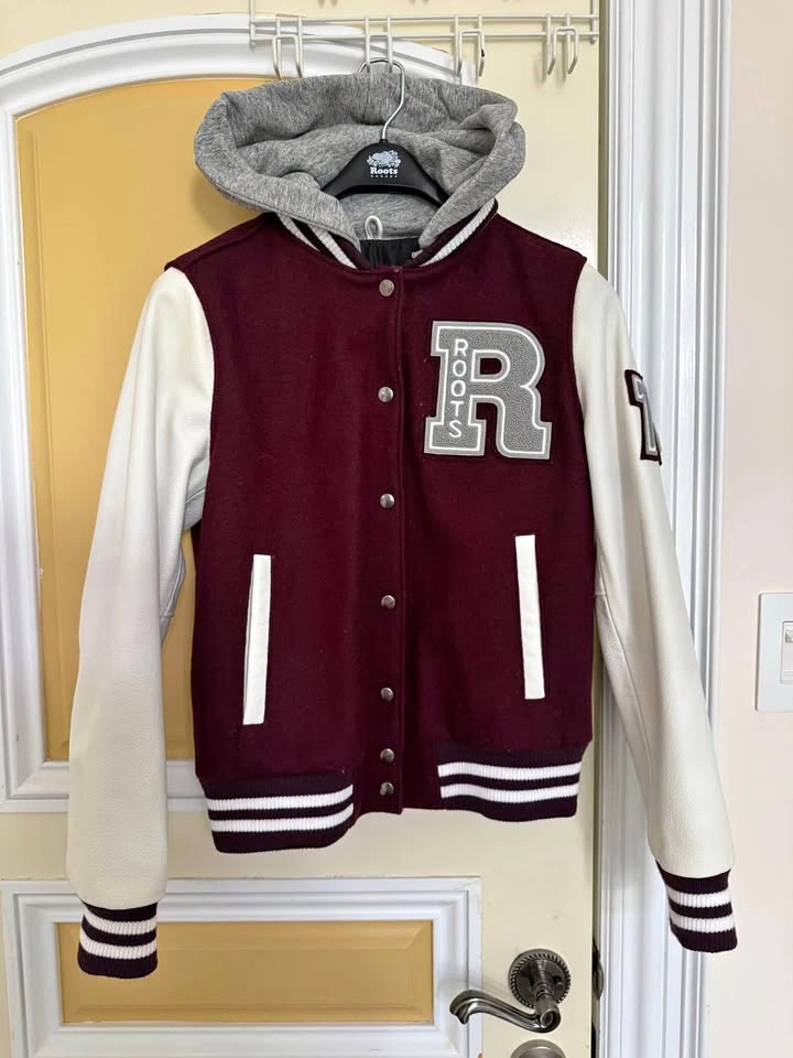 Womens Roots Burgundy and Cream Varsity Hoody Jacket