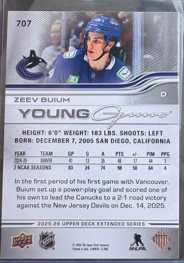 ZEEV BUIUM - YG #707 - VANCOUVER CANUCKS 2025-26 UD Ext. Series - photo 2