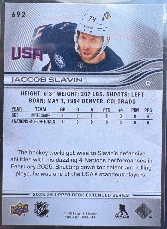 Jaccob Slavin Upper Deck Team USA Deluxe Card - photo 2