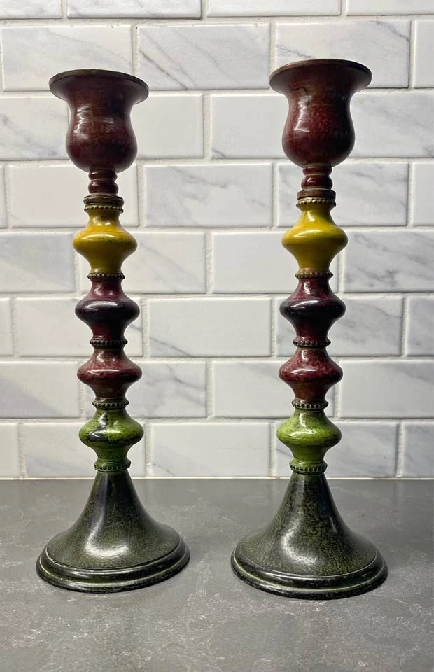 Vintage Pier 1 Pair of Colourful Multi-Toned Candlesticks