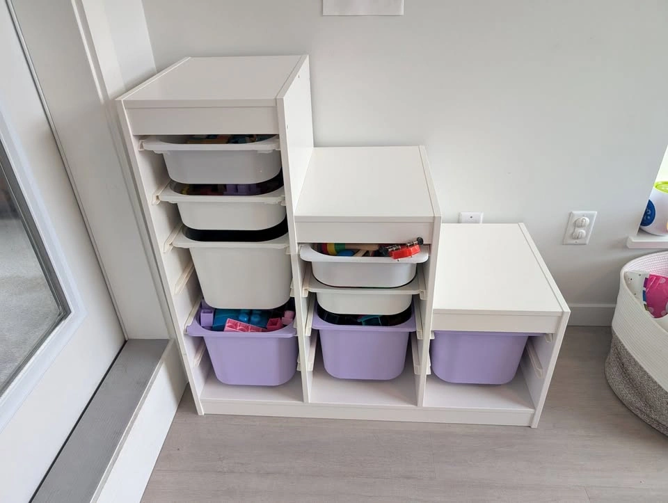 Toy Storage Organizer with White and Purple Bins