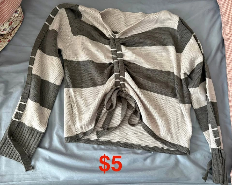 Striped Knit Cardigan with Drawstring Front