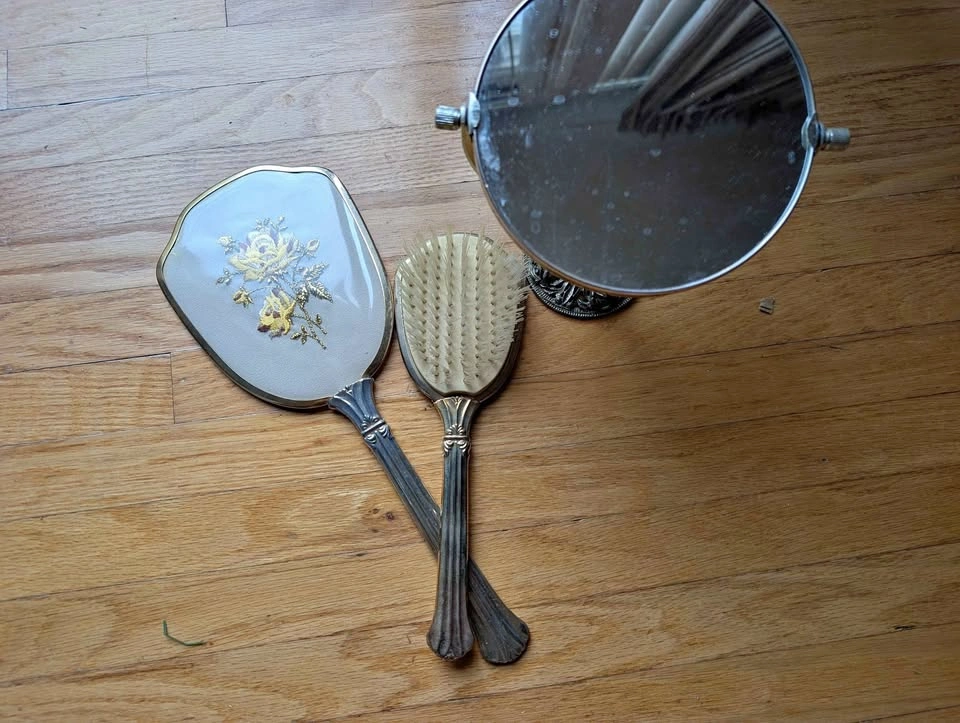 Vintage 3-Piece Vanity Set - Hand Mirror, Brush, and Tabletop Mi