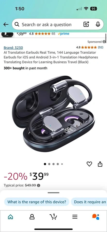 AI Translation Earbuds, 144 Language Translator for iOS/Android