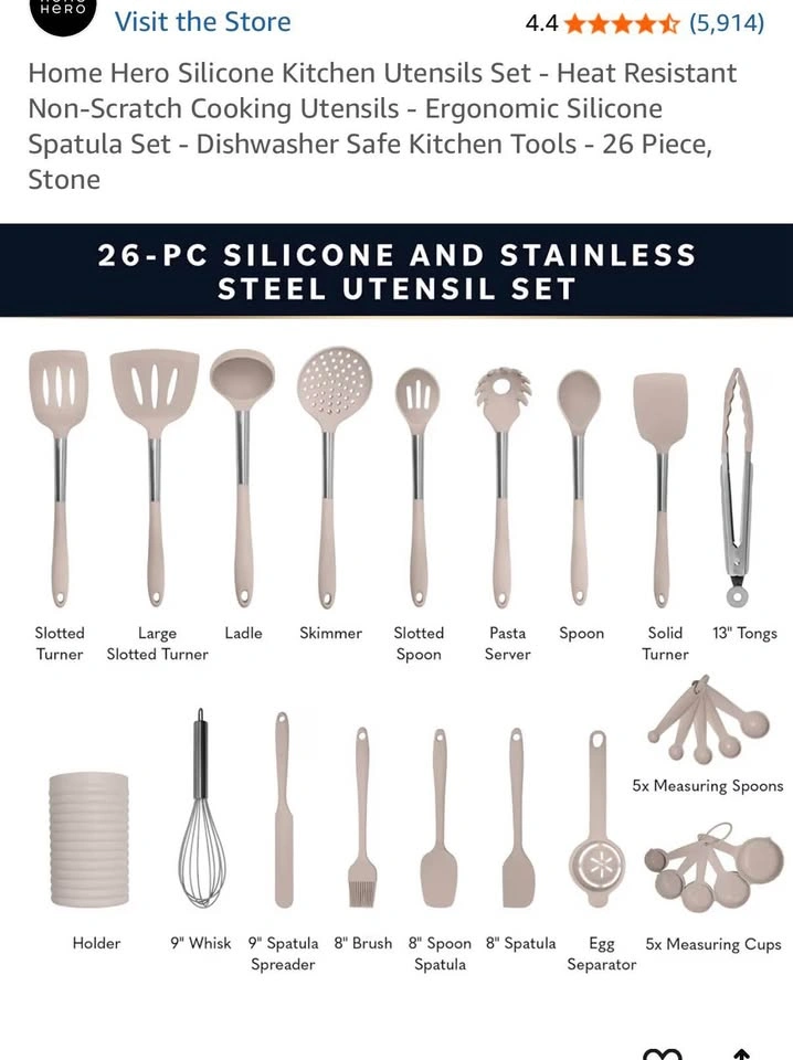 Silicone Kitchen Utensils Set - 26 Piece, Stone - photo 3