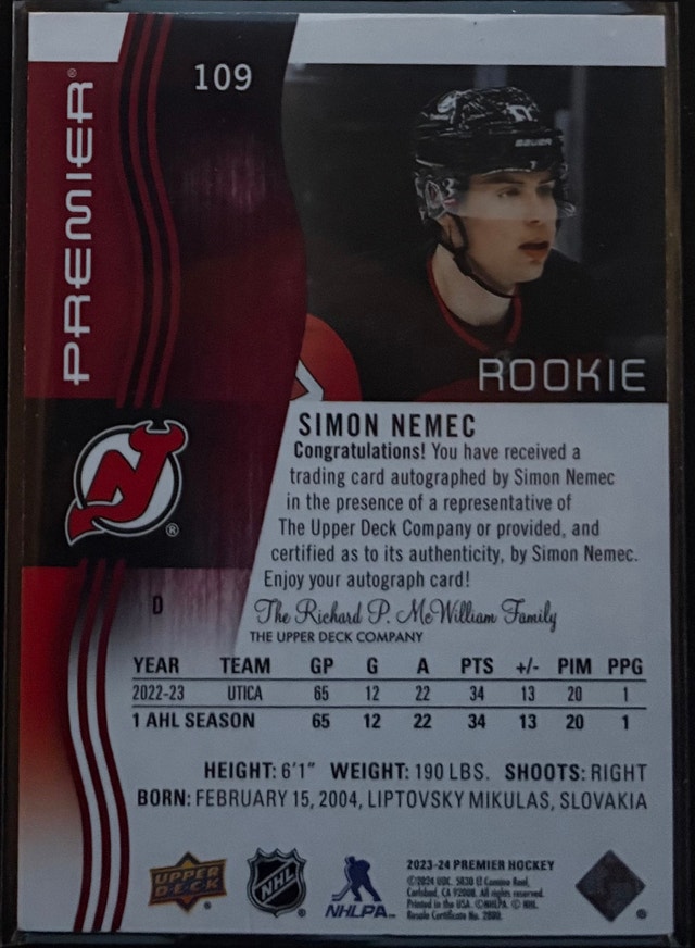 Simon Nemec 2023-24 Upper Deck Premier Rookie Auto - photo 2