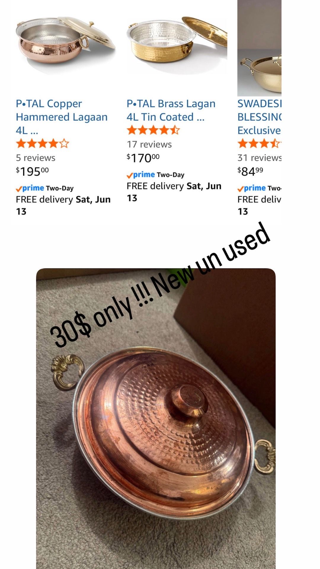 Handcrafted Pure Copper Antique Cooking Pot with Lid